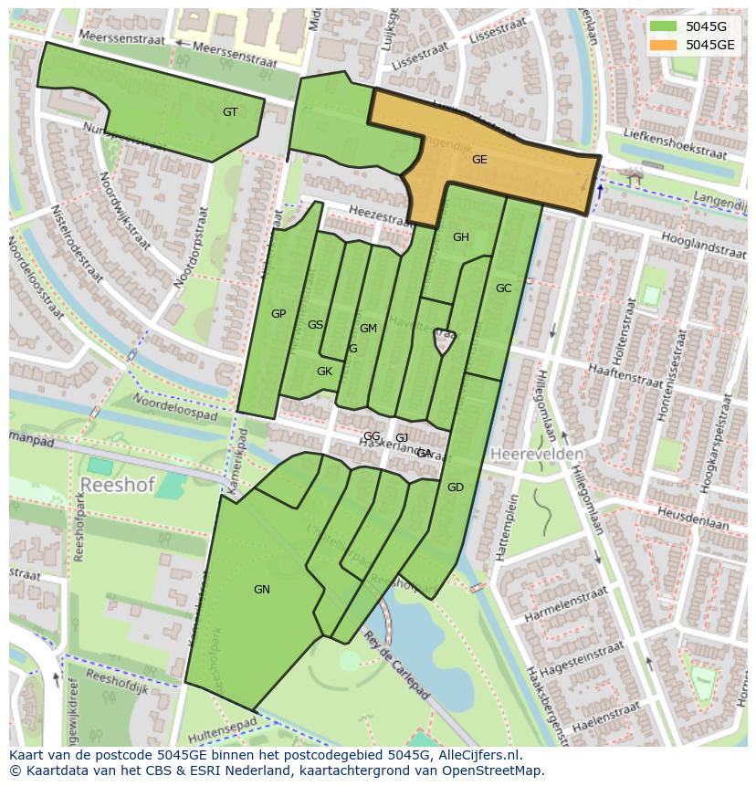 Afbeelding van het postcodegebied 5045 GE op de kaart.
