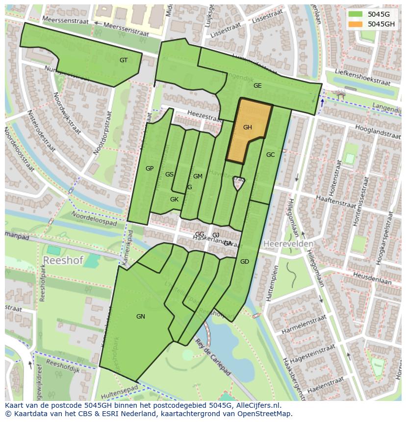 Afbeelding van het postcodegebied 5045 GH op de kaart.