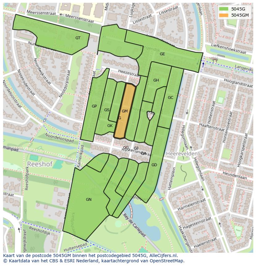 Afbeelding van het postcodegebied 5045 GM op de kaart.