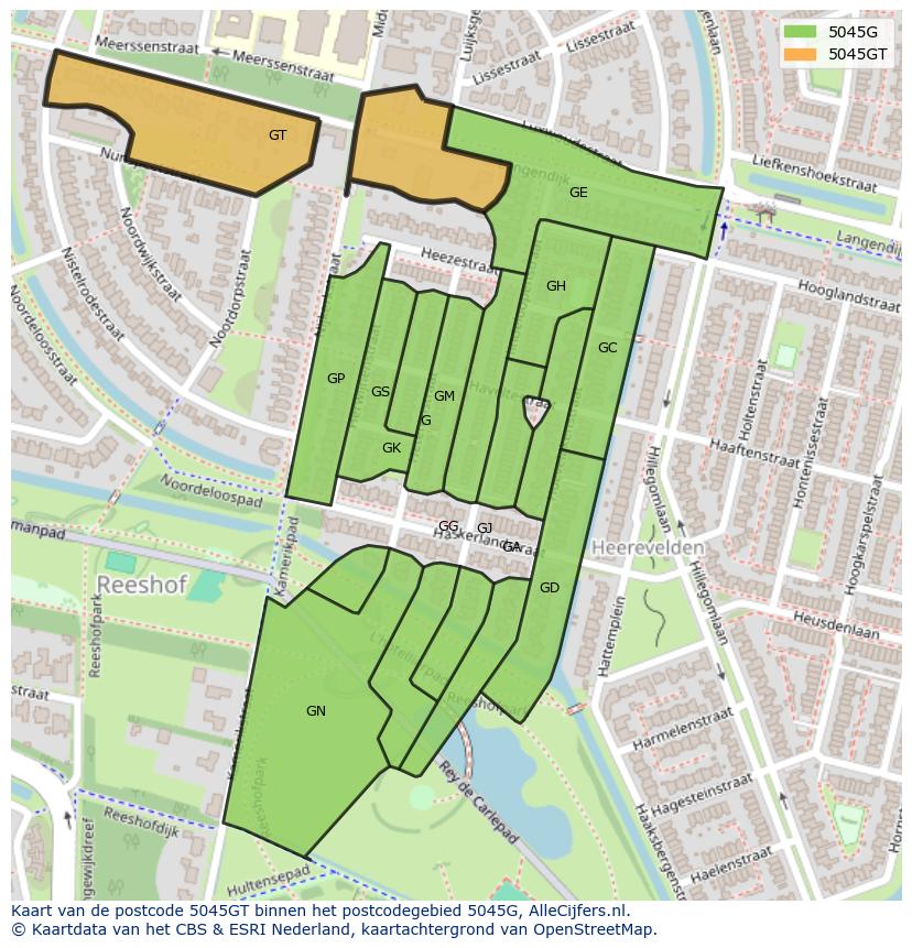 Afbeelding van het postcodegebied 5045 GT op de kaart.