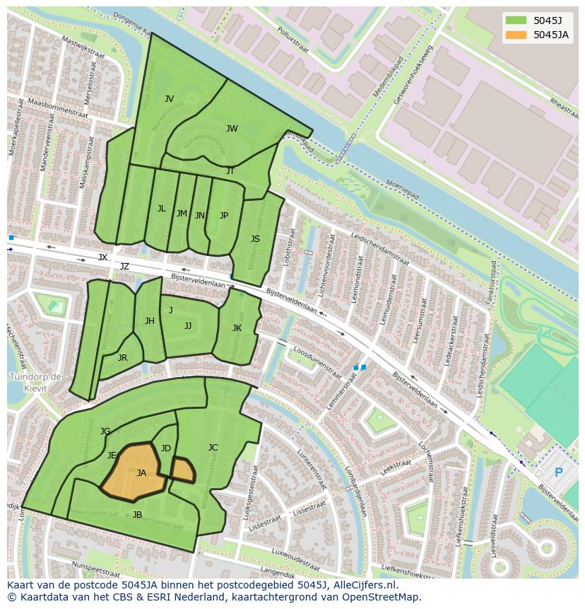 Afbeelding van het postcodegebied 5045 JA op de kaart.