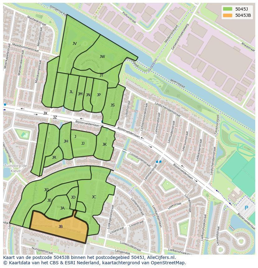 Afbeelding van het postcodegebied 5045 JB op de kaart.