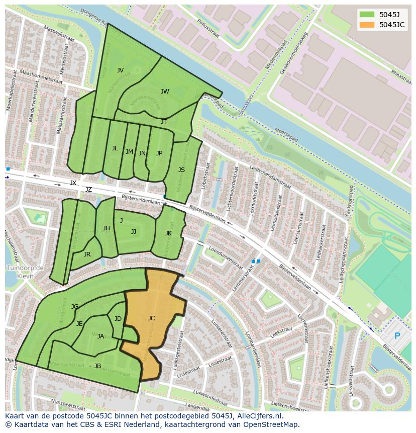 Afbeelding van het postcodegebied 5045 JC op de kaart.