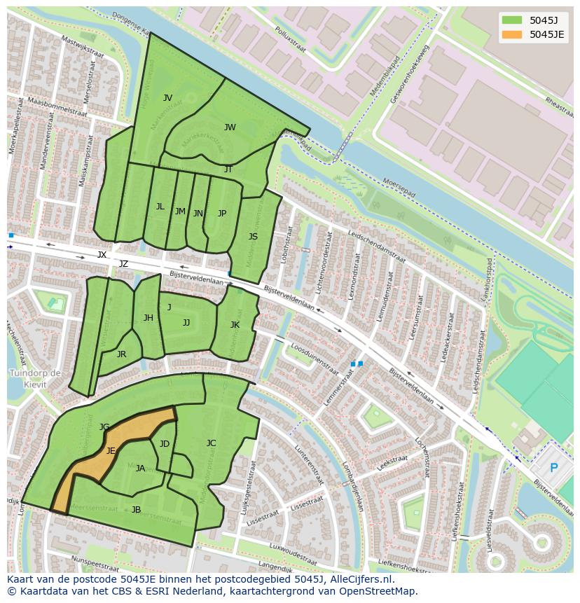 Afbeelding van het postcodegebied 5045 JE op de kaart.