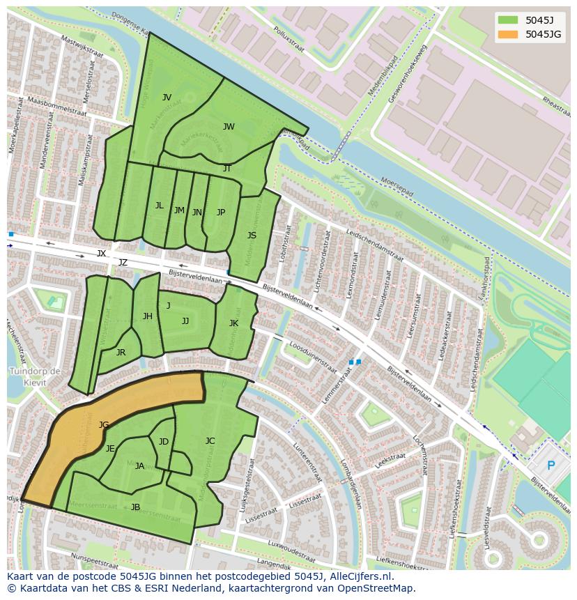 Afbeelding van het postcodegebied 5045 JG op de kaart.