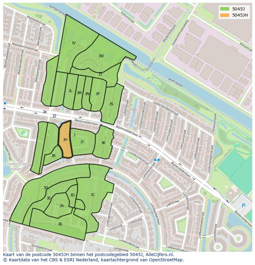 Afbeelding van het postcodegebied 5045 JH op de kaart.