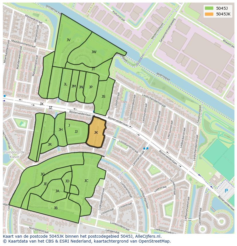 Afbeelding van het postcodegebied 5045 JK op de kaart.