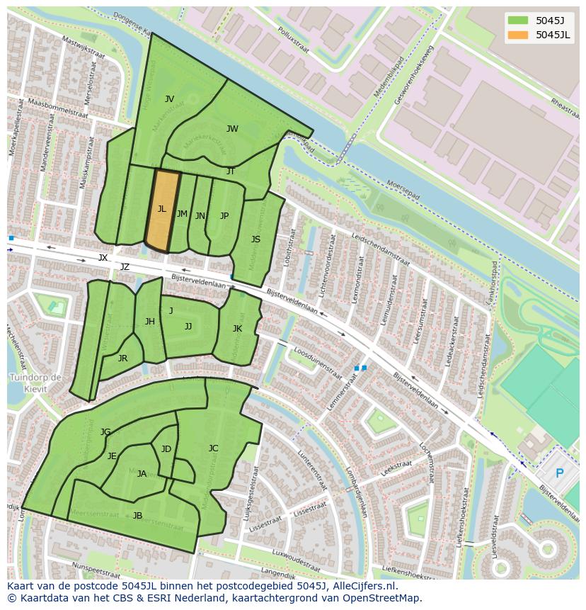 Afbeelding van het postcodegebied 5045 JL op de kaart.