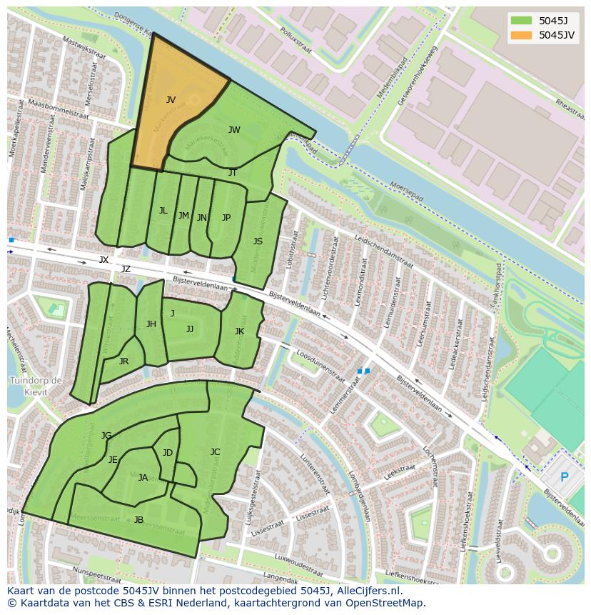 Afbeelding van het postcodegebied 5045 JV op de kaart.