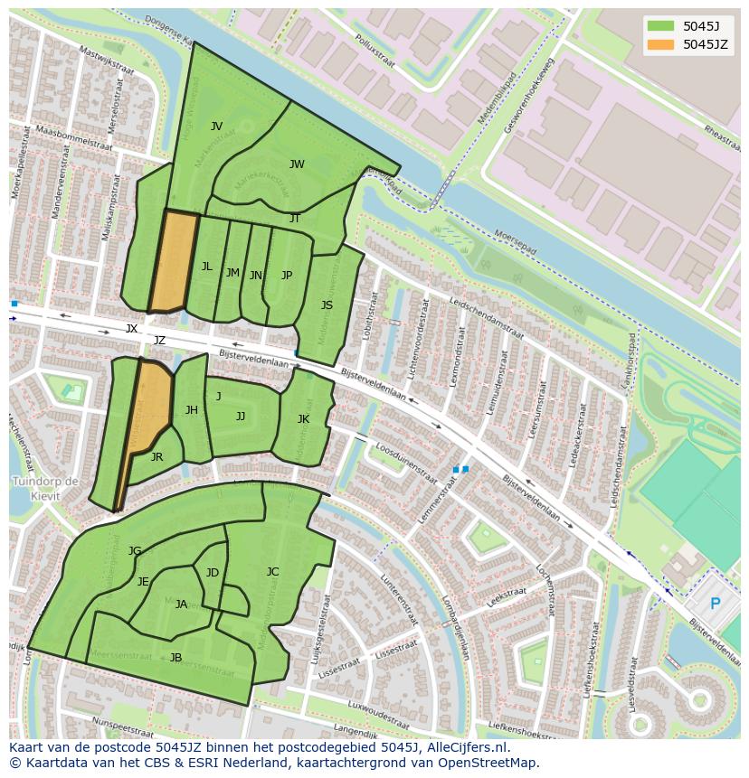 Afbeelding van het postcodegebied 5045 JZ op de kaart.