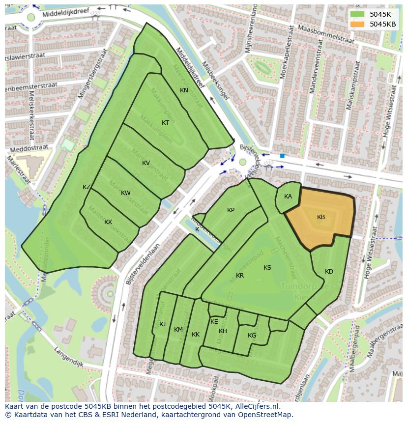 Afbeelding van het postcodegebied 5045 KB op de kaart.