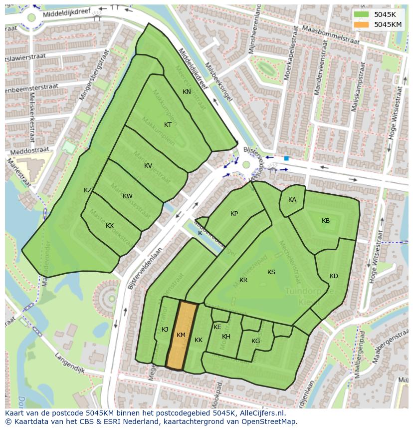 Afbeelding van het postcodegebied 5045 KM op de kaart.