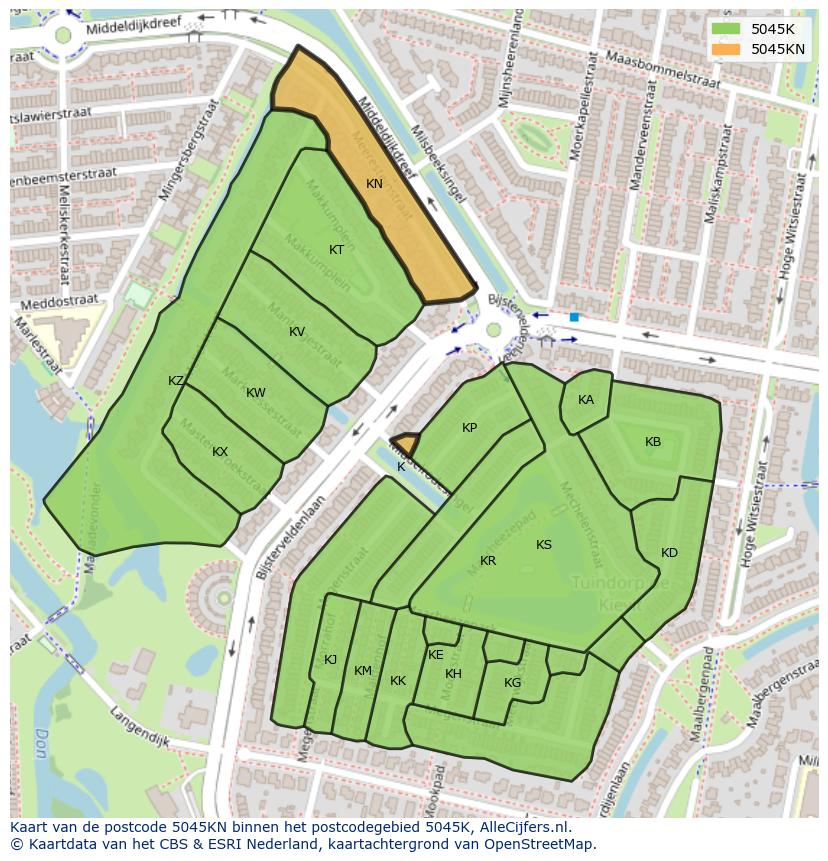 Afbeelding van het postcodegebied 5045 KN op de kaart.