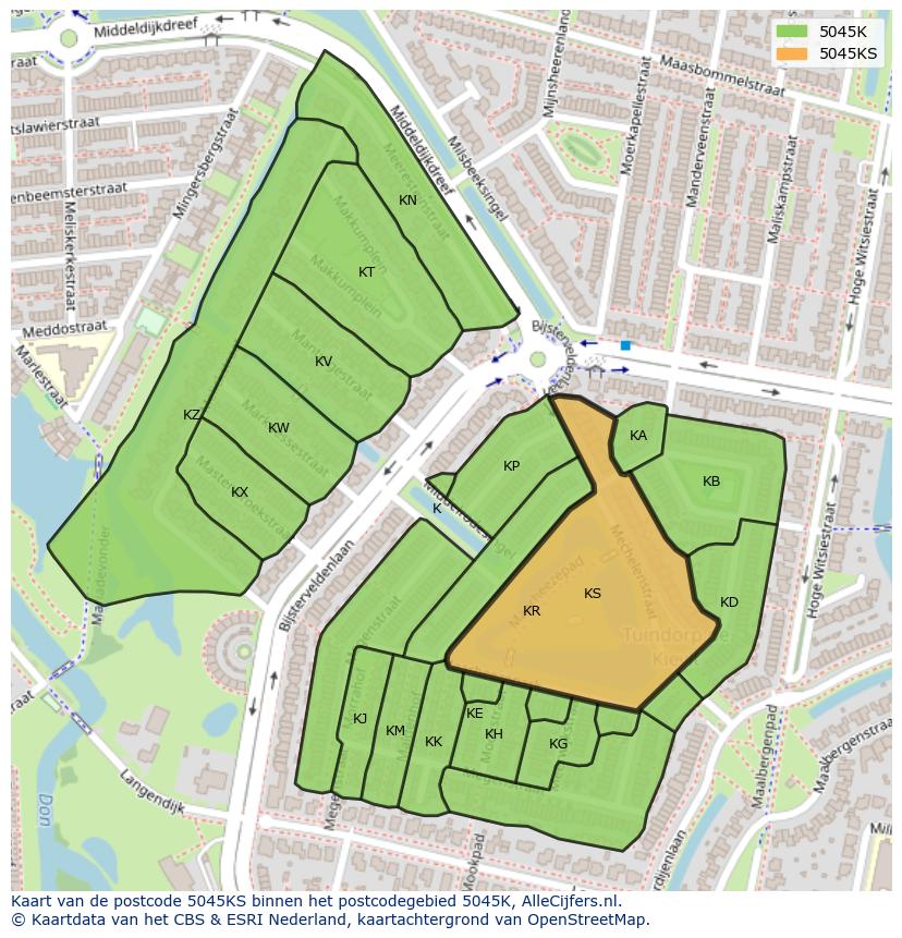 Afbeelding van het postcodegebied 5045 KS op de kaart.
