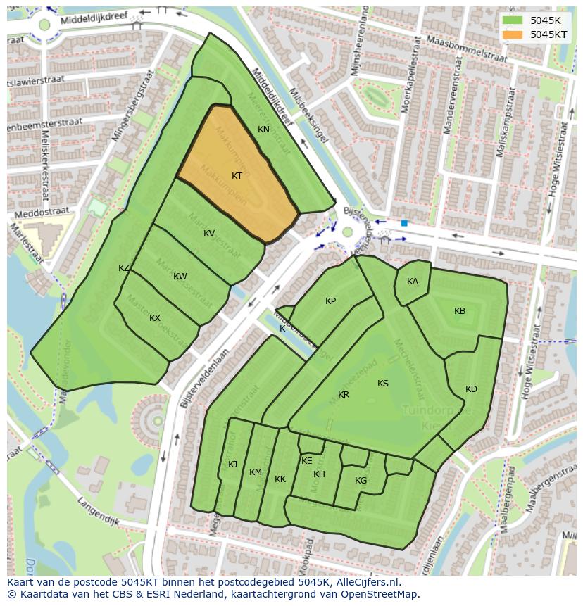 Afbeelding van het postcodegebied 5045 KT op de kaart.