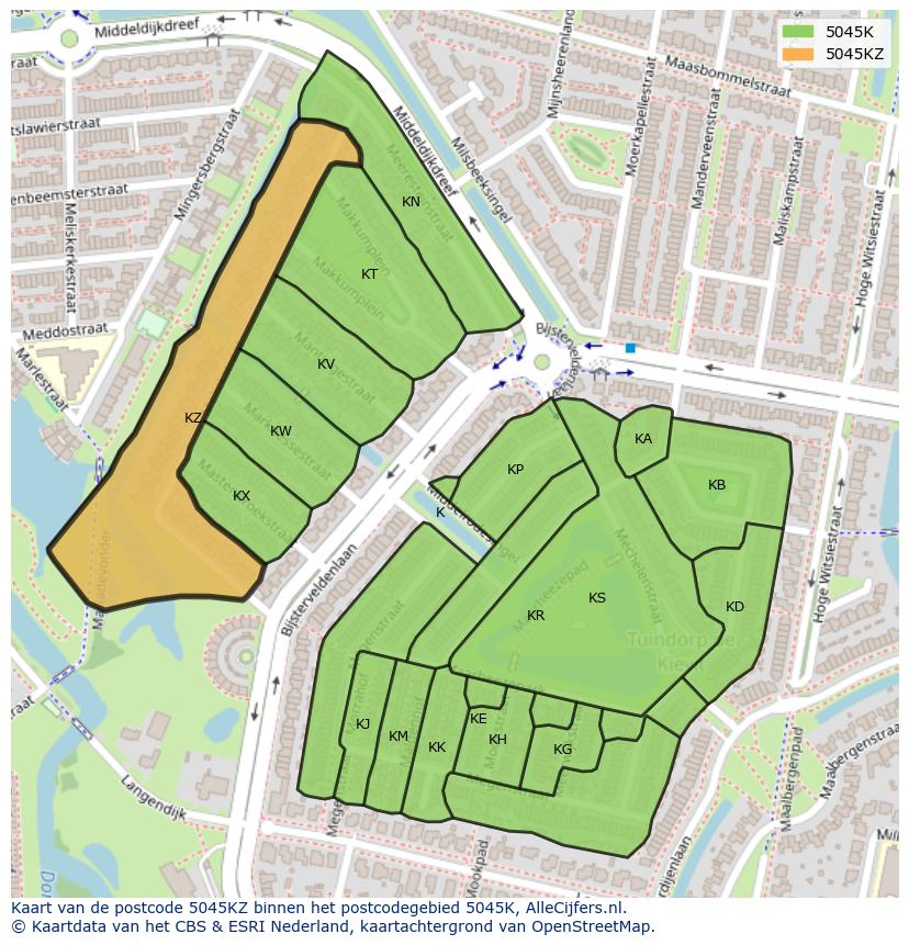 Afbeelding van het postcodegebied 5045 KZ op de kaart.