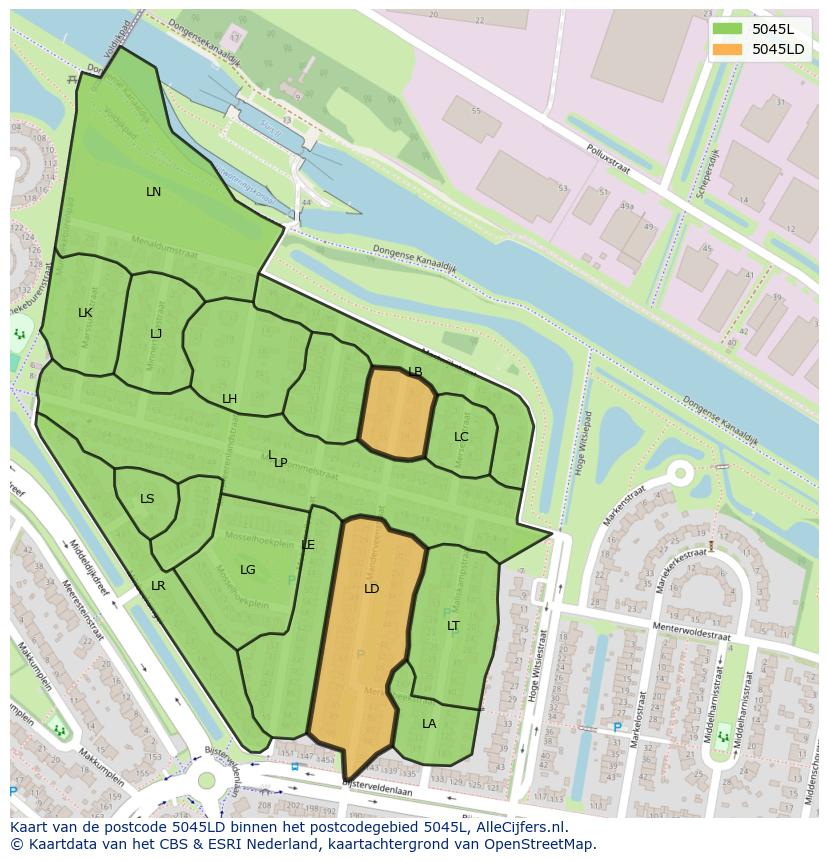 Afbeelding van het postcodegebied 5045 LD op de kaart.