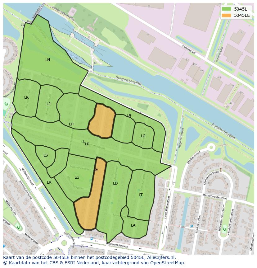 Afbeelding van het postcodegebied 5045 LE op de kaart.