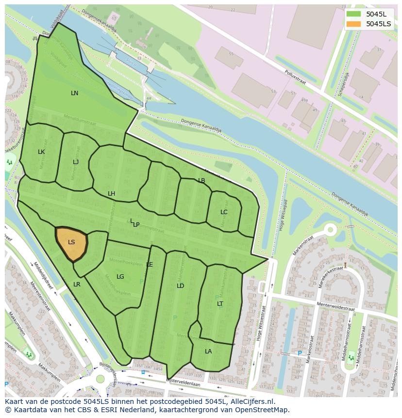 Afbeelding van het postcodegebied 5045 LS op de kaart.