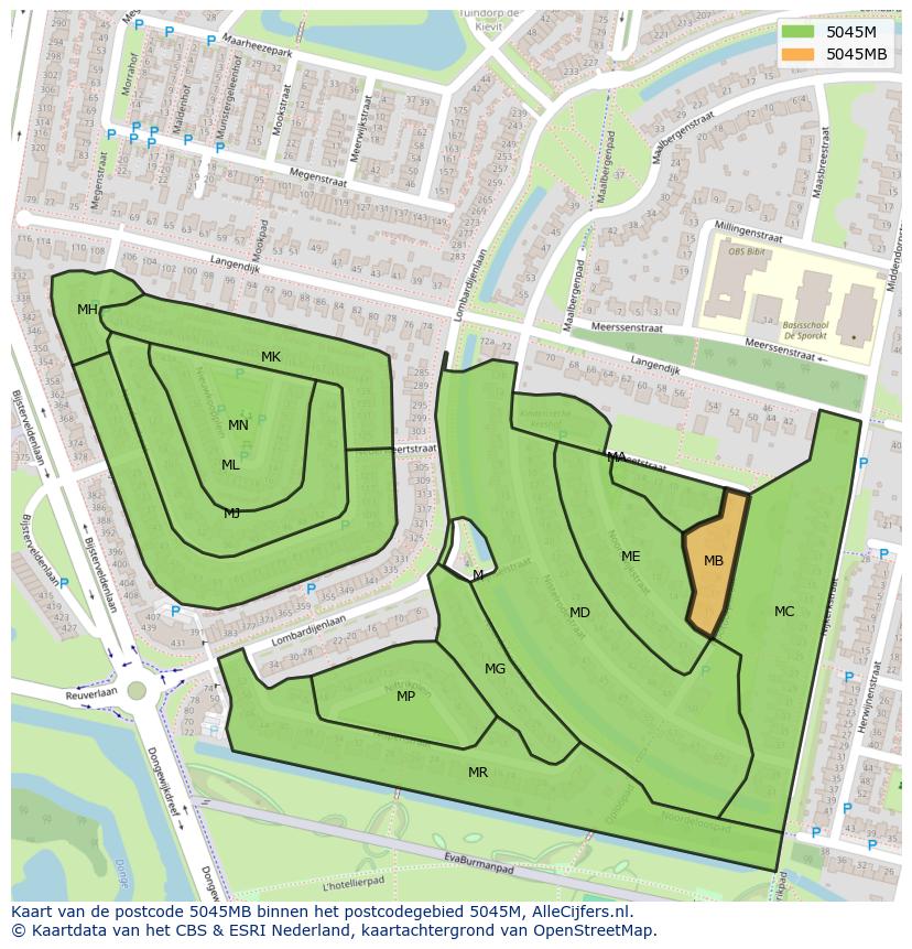 Afbeelding van het postcodegebied 5045 MB op de kaart.