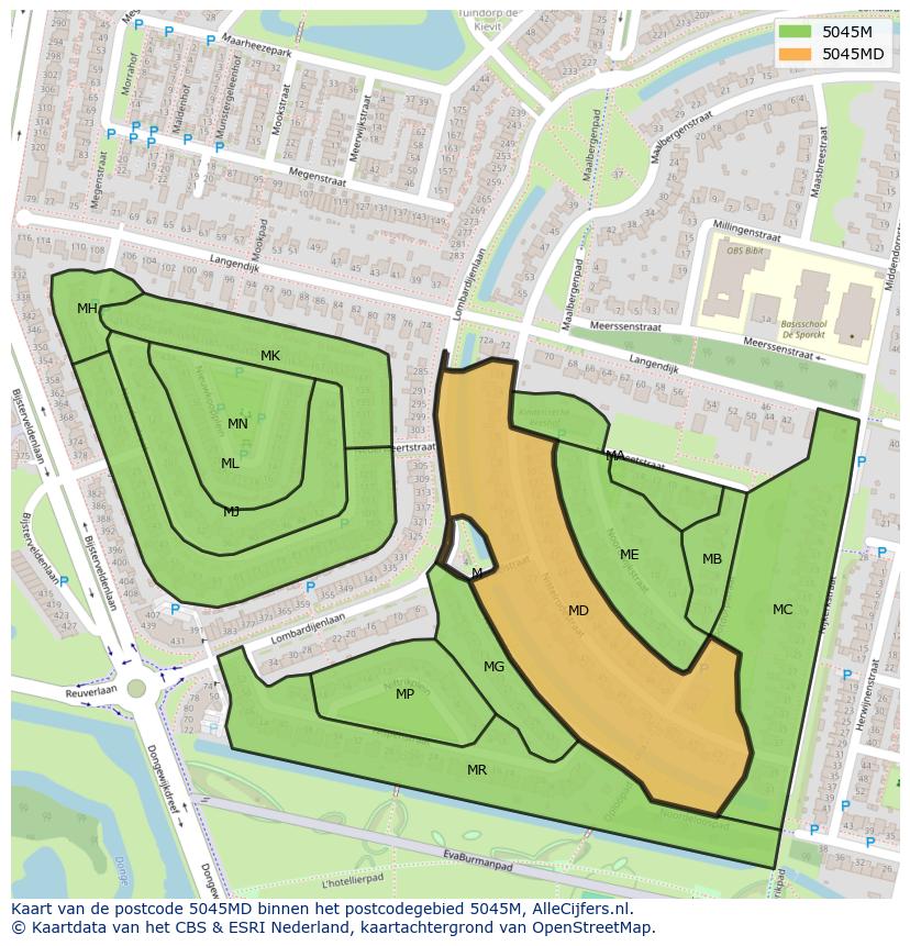 Afbeelding van het postcodegebied 5045 MD op de kaart.