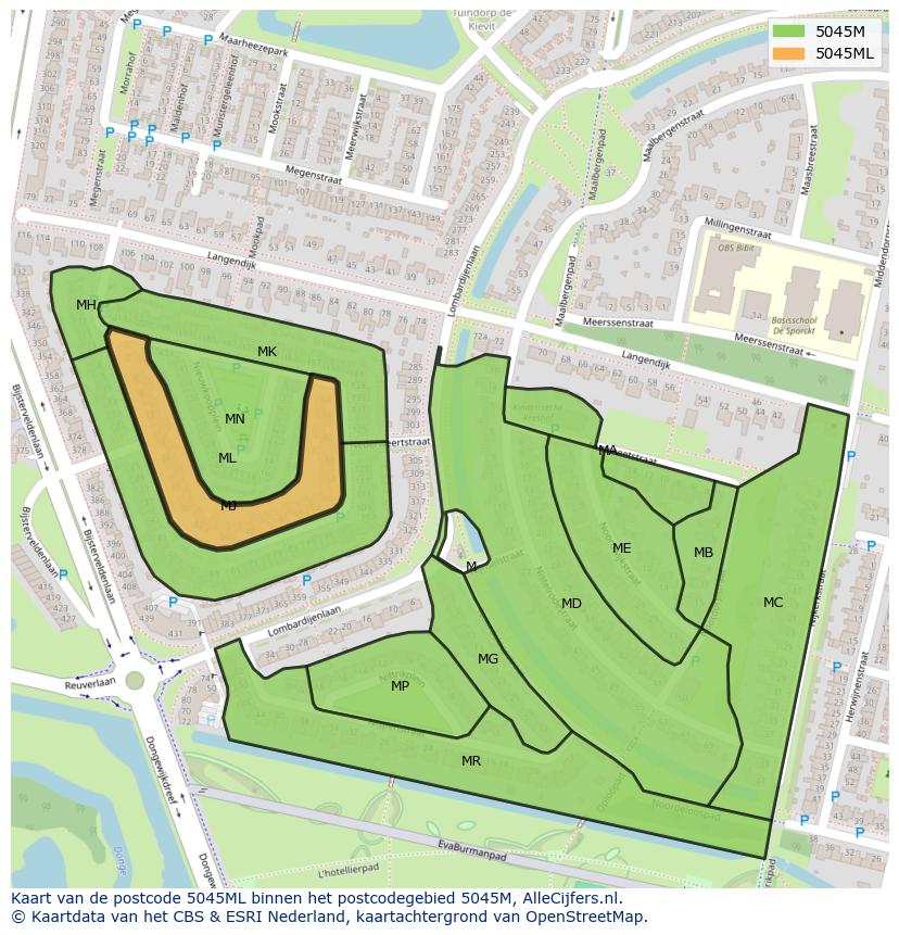 Afbeelding van het postcodegebied 5045 ML op de kaart.
