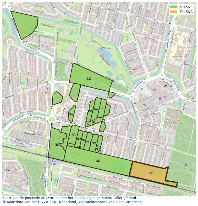 Afbeelding van het postcodegebied 5045 NC op de kaart.