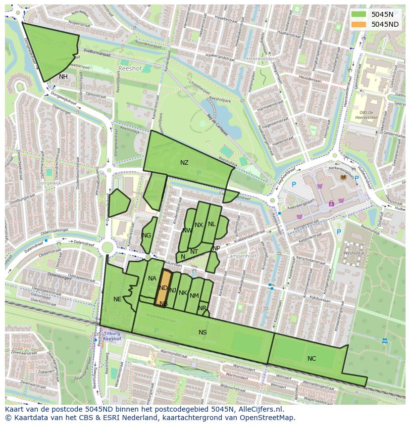Afbeelding van het postcodegebied 5045 ND op de kaart.
