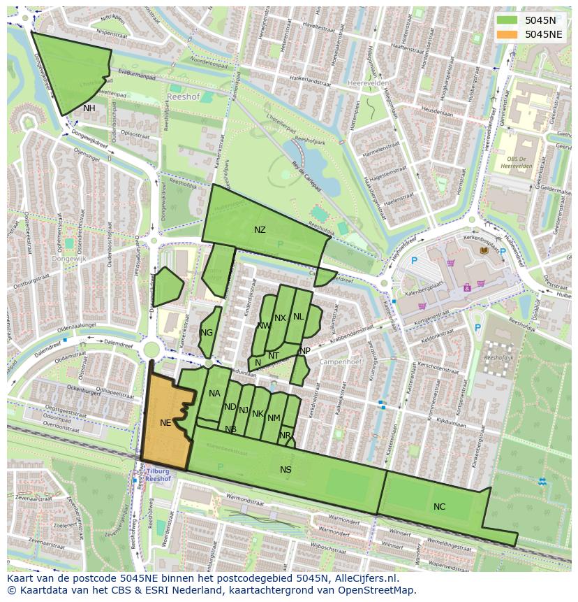 Afbeelding van het postcodegebied 5045 NE op de kaart.