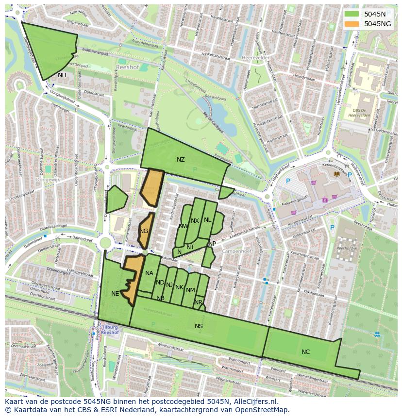 Afbeelding van het postcodegebied 5045 NG op de kaart.