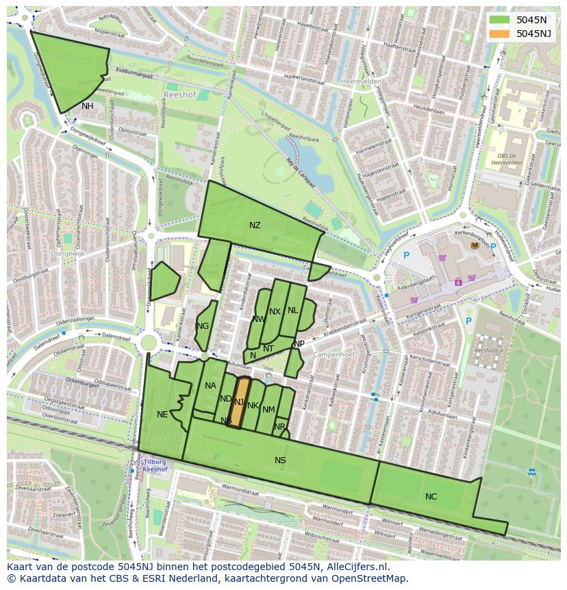 Afbeelding van het postcodegebied 5045 NJ op de kaart.