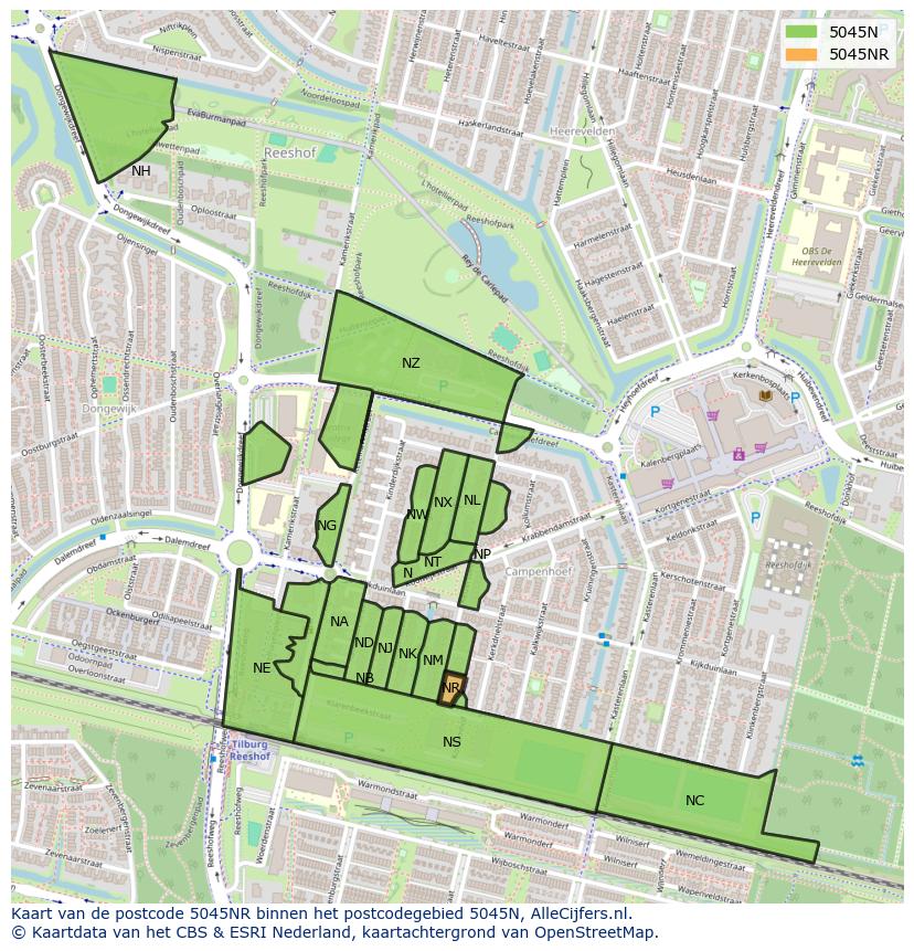 Afbeelding van het postcodegebied 5045 NR op de kaart.
