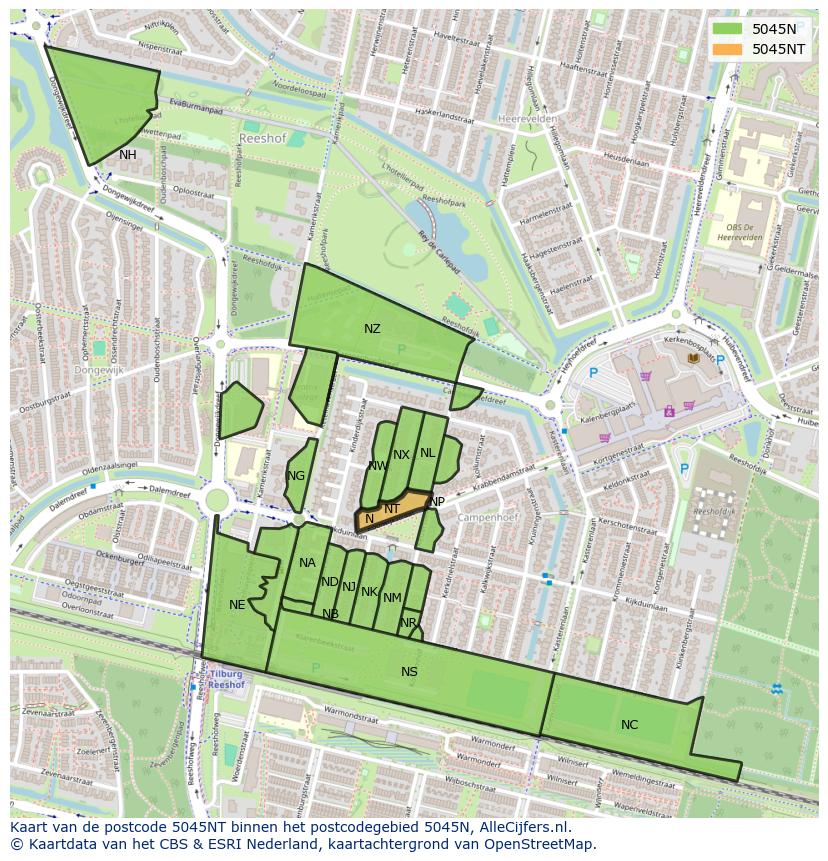 Afbeelding van het postcodegebied 5045 NT op de kaart.