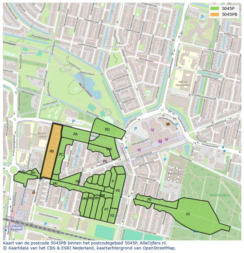 Afbeelding van het postcodegebied 5045 PB op de kaart.