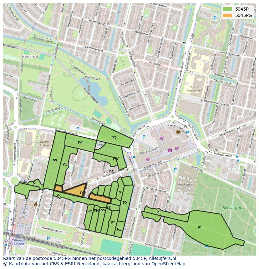 Afbeelding van het postcodegebied 5045 PG op de kaart.
