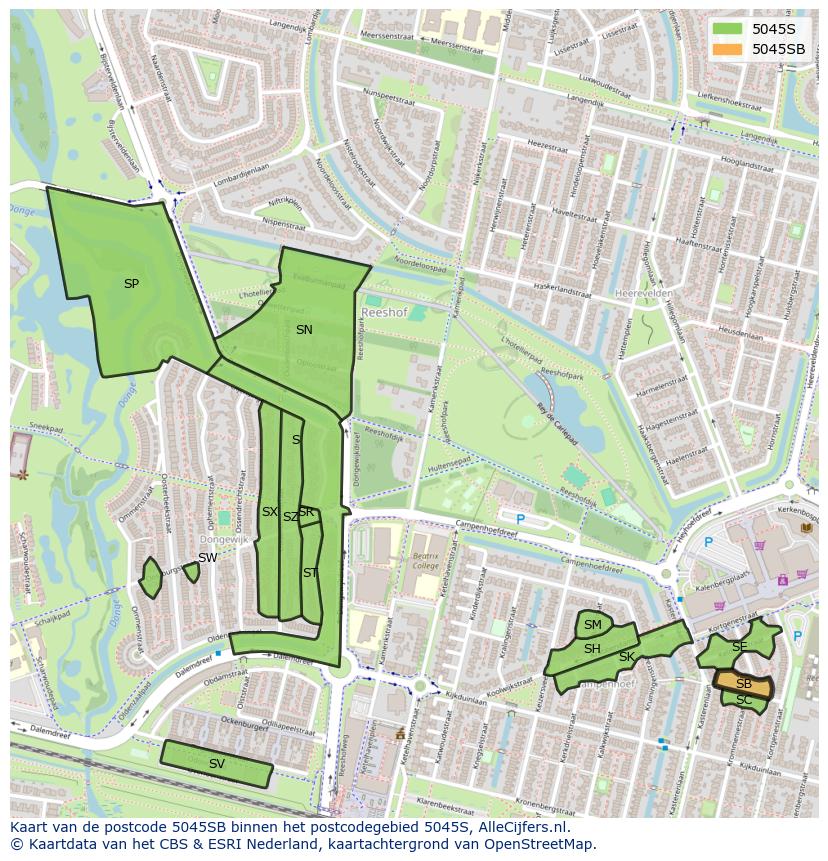 Afbeelding van het postcodegebied 5045 SB op de kaart.