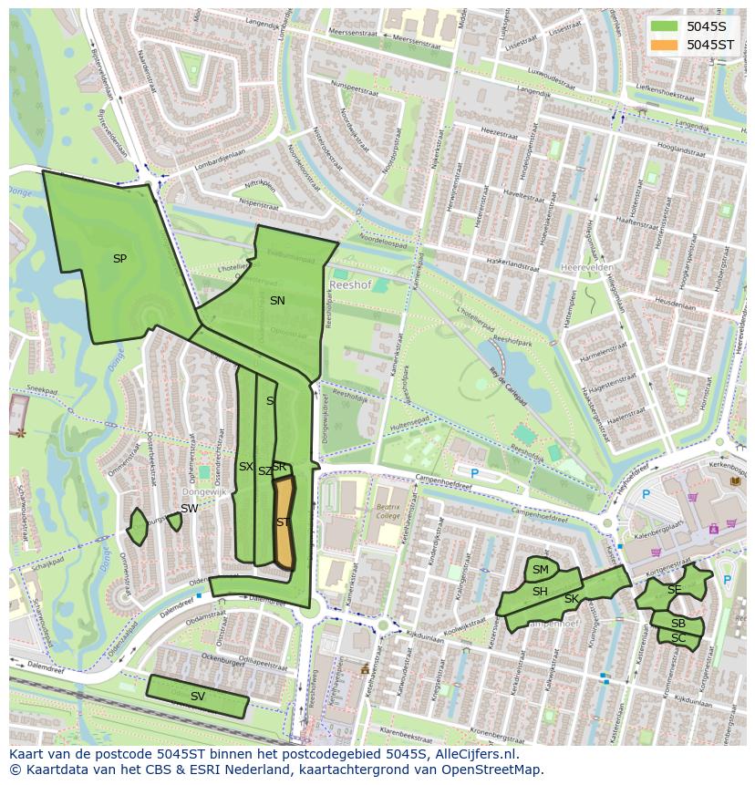 Afbeelding van het postcodegebied 5045 ST op de kaart.