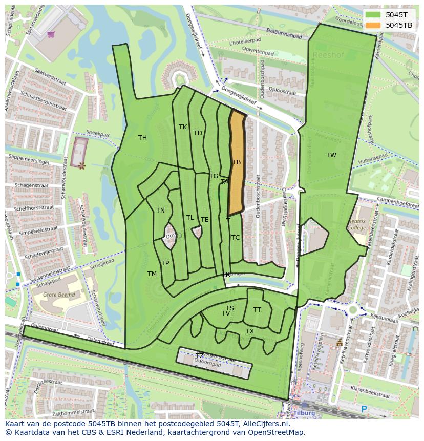 Afbeelding van het postcodegebied 5045 TB op de kaart.