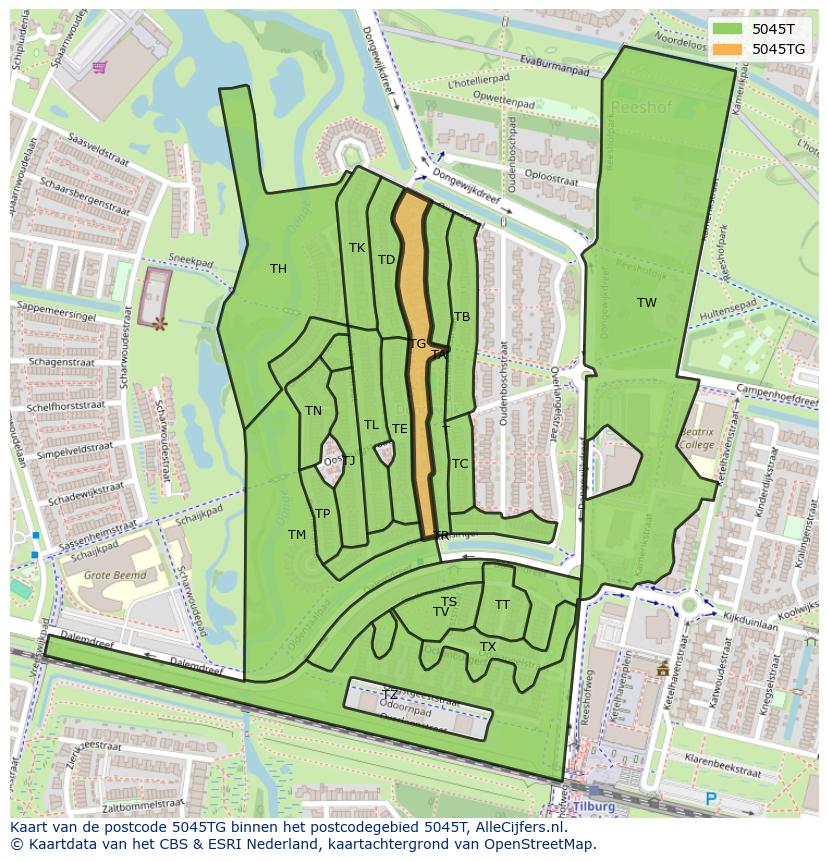 Afbeelding van het postcodegebied 5045 TG op de kaart.