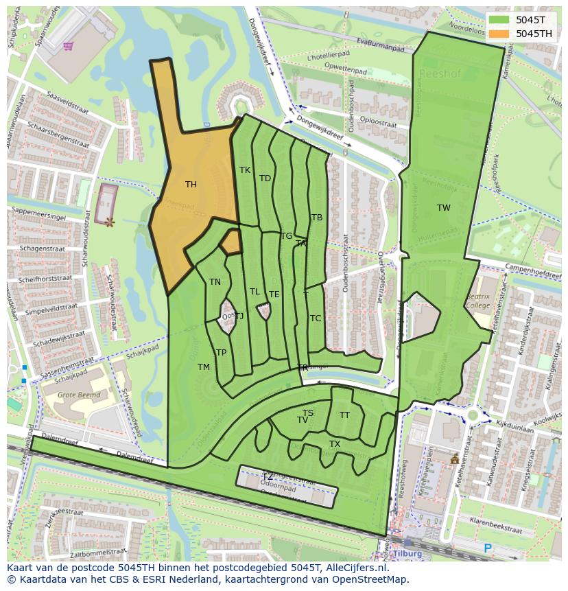 Afbeelding van het postcodegebied 5045 TH op de kaart.