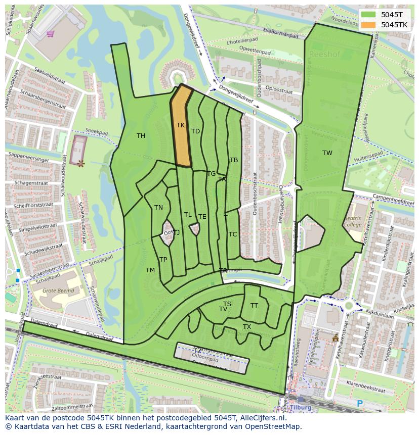 Afbeelding van het postcodegebied 5045 TK op de kaart.