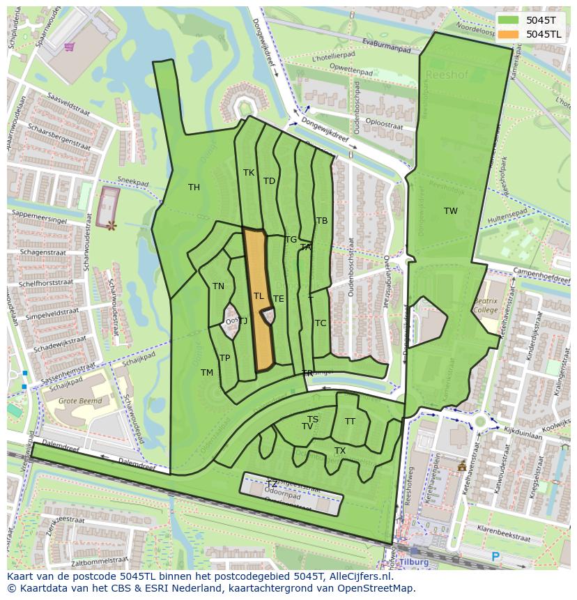 Afbeelding van het postcodegebied 5045 TL op de kaart.