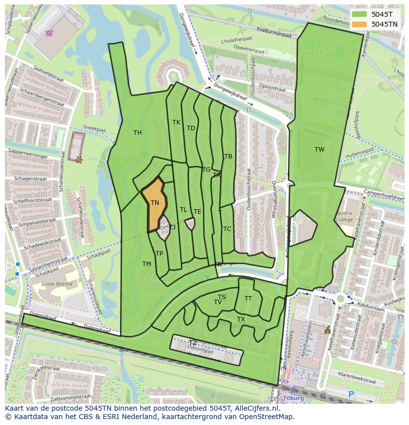 Afbeelding van het postcodegebied 5045 TN op de kaart.