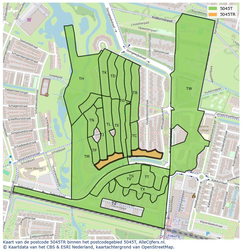 Afbeelding van het postcodegebied 5045 TR op de kaart.