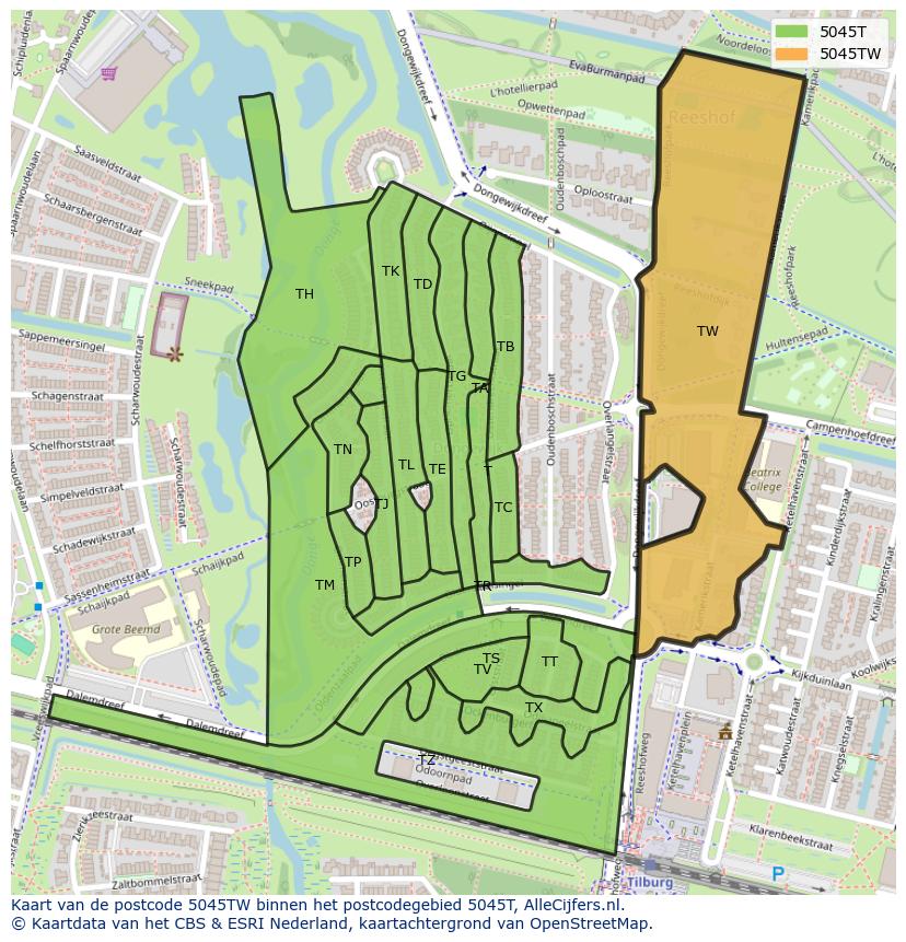 Afbeelding van het postcodegebied 5045 TW op de kaart.