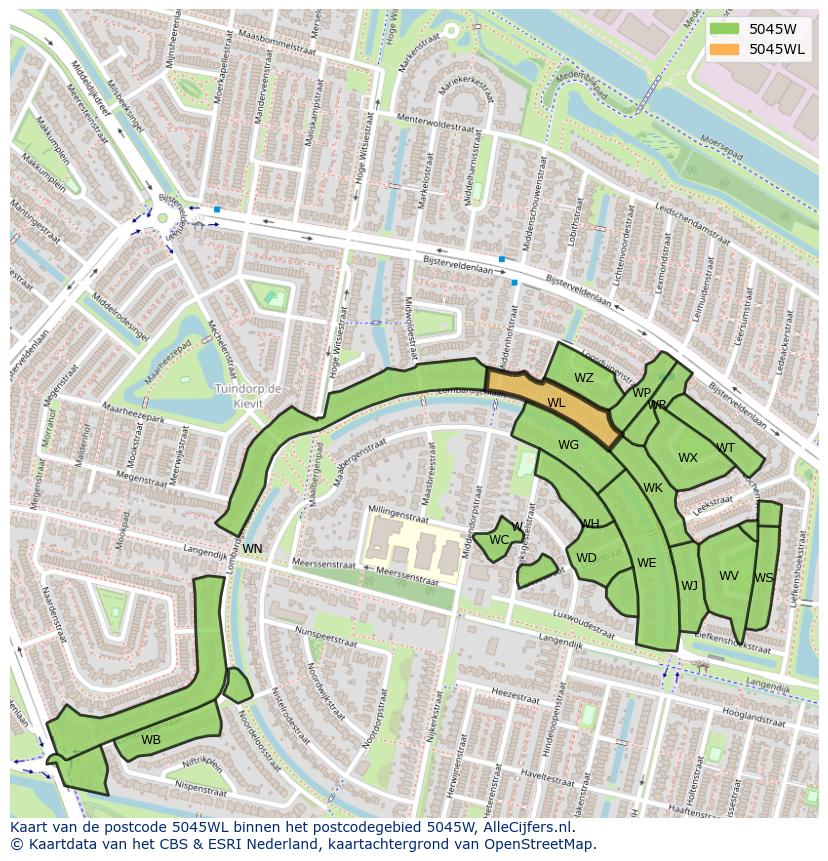 Afbeelding van het postcodegebied 5045 WL op de kaart.