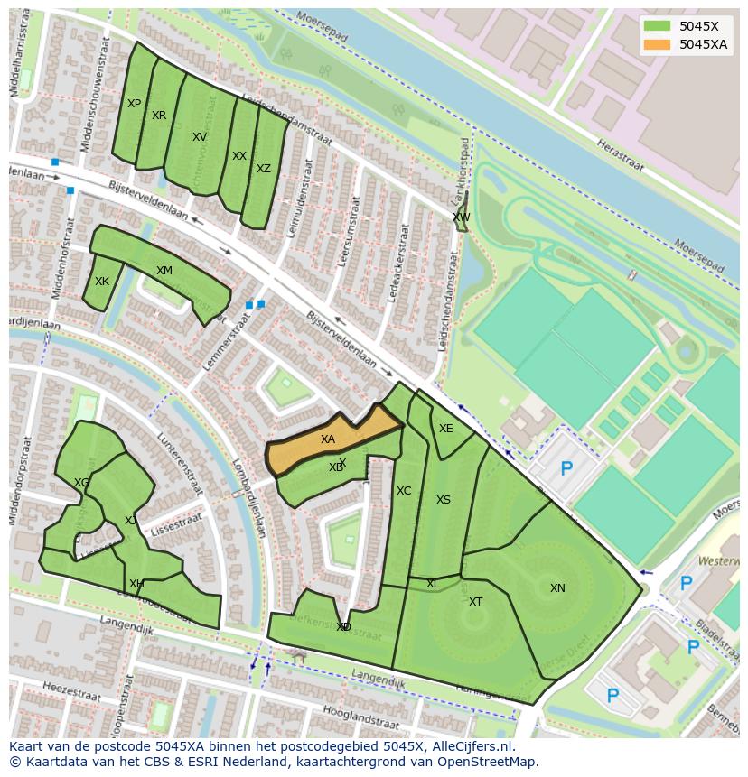 Afbeelding van het postcodegebied 5045 XA op de kaart.