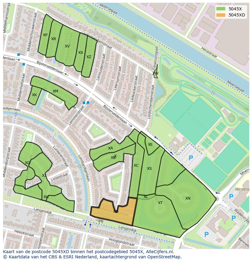 Afbeelding van het postcodegebied 5045 XD op de kaart.