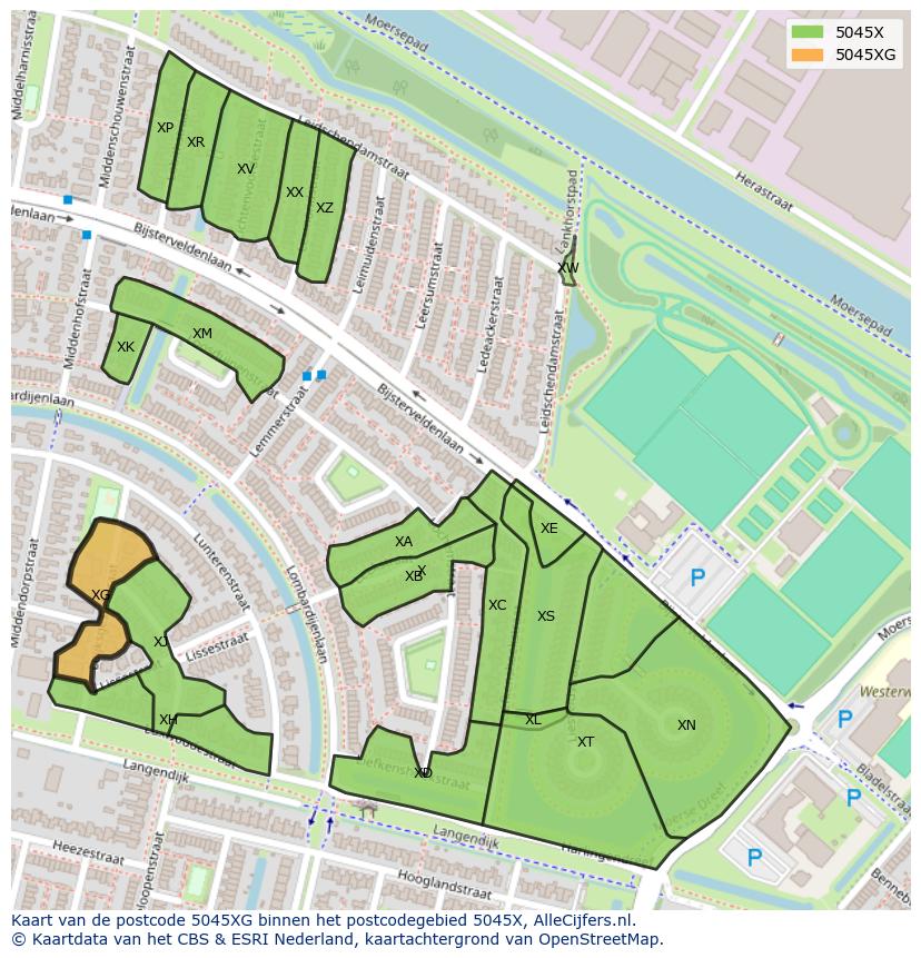 Afbeelding van het postcodegebied 5045 XG op de kaart.