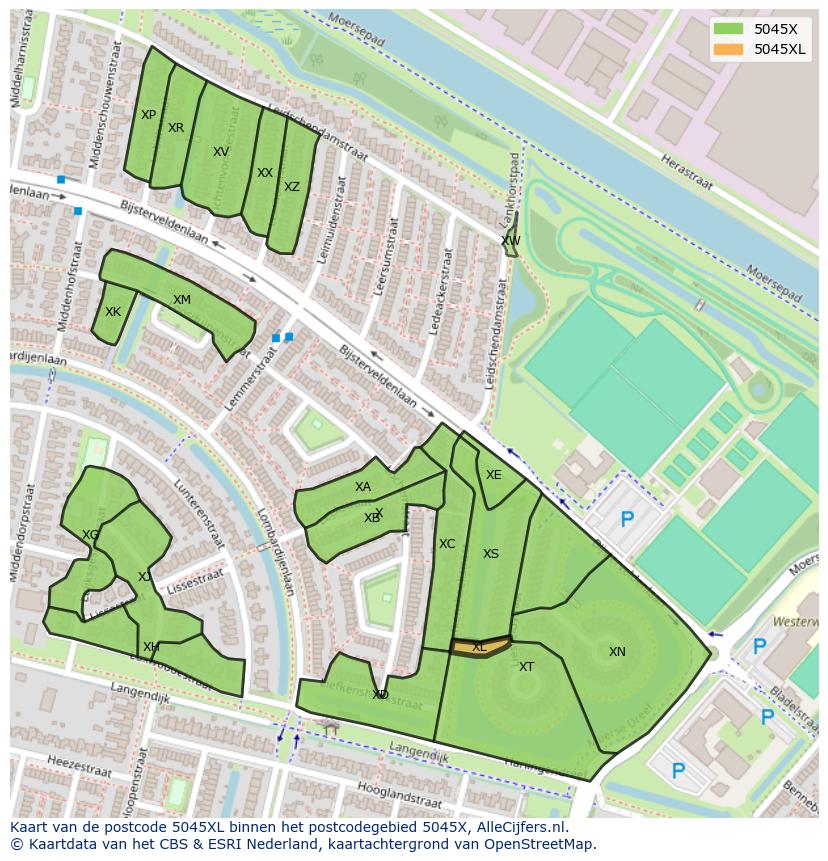 Afbeelding van het postcodegebied 5045 XL op de kaart.